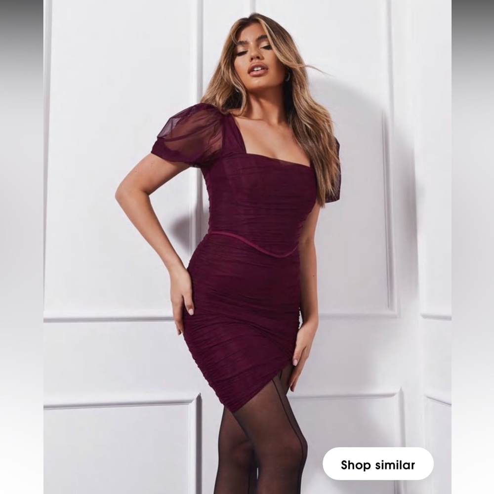 Missguided burgundy draped tulle corset puff sleeve mini dress